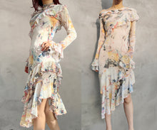 Load image into Gallery viewer, Vintage Jean Paul Gaultier mesh dress with colorful floral print, asymmetric ruffles and uneven hem