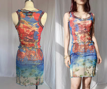 Load image into Gallery viewer, Front and back view of Jean Paul Gaultier Maille multicolor carriage print mesh dress