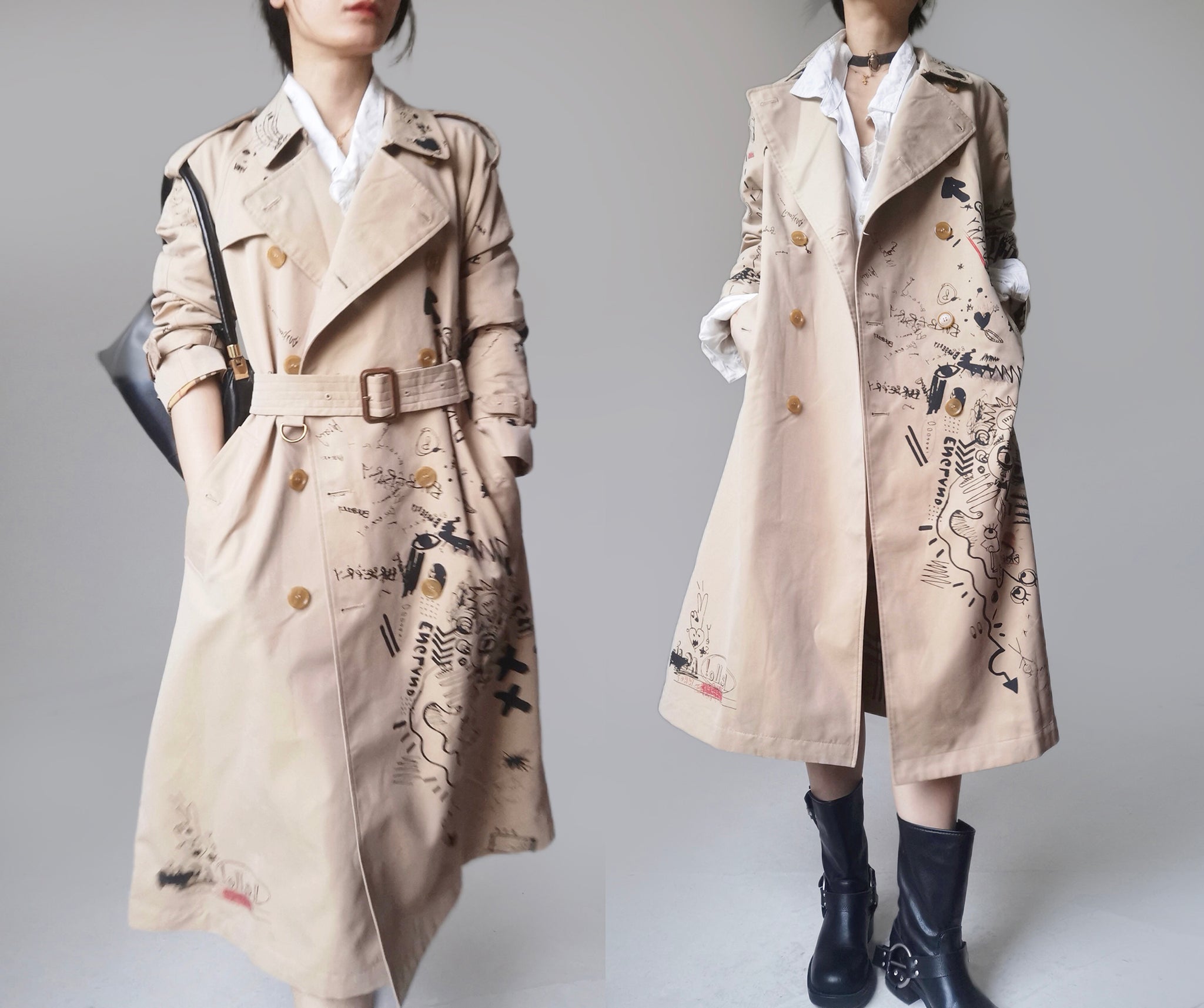 Vintage Burberry Nova Check Artist Graffiti Trench Coat