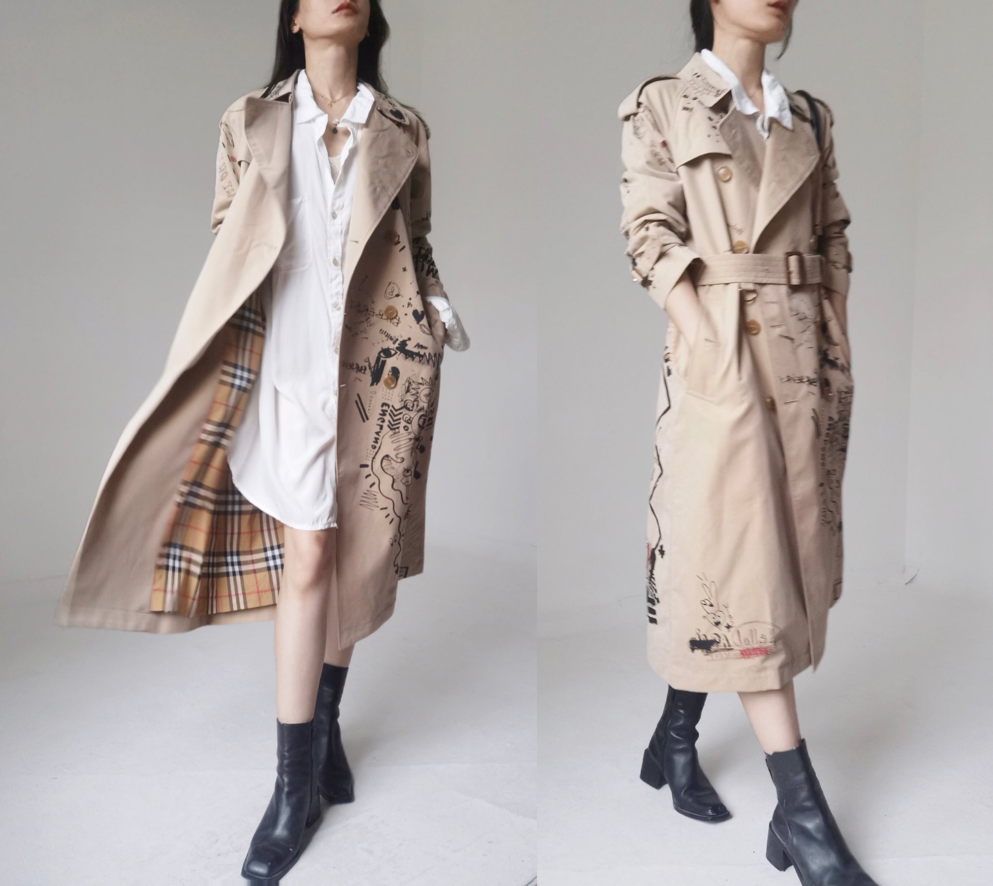 Vintage Burberry Nova Check Artist Graffiti Trench Coat BOOPVINTAGE