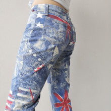 Load image into Gallery viewer, Vintage London Flag Print Glitter Denim Pants
