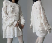 Load image into Gallery viewer, White knit fuzzy sloppy fluff cream oversize mohair sweater slouchy pullover flower applique deconstructed grandma grunge punk through tweed
