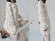 Load image into Gallery viewer, White knit fuzzy sloppy fluff cream oversize mohair sweater slouchy pullover flower applique deconstructed grandma grunge punk through tweed
