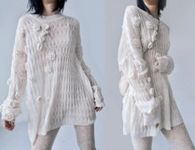 Load image into Gallery viewer, White knit fuzzy sloppy fluff cream oversize mohair sweater slouchy pullover flower applique deconstructed grandma grunge punk through tweed
