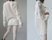 Load image into Gallery viewer, White knit fuzzy sloppy fluff cream oversize mohair sweater slouchy pullover flower applique deconstructed grandma grunge punk through tweed
