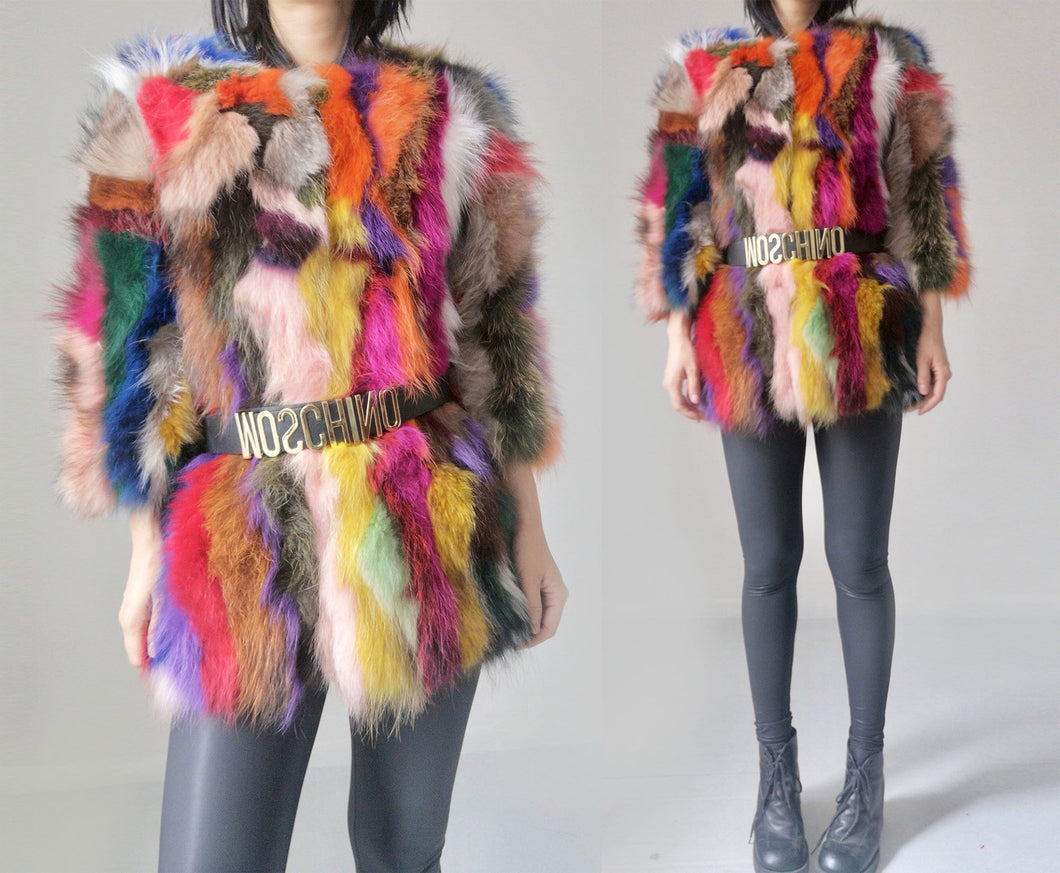 Vintage Patched Fox Fur Colorful Coat
