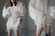 Load image into Gallery viewer, White net destroyed baggy goth gothic emo cream flare oversize fluff puffy sleeve sweater dress shag halloween hippie hipster boho mod
