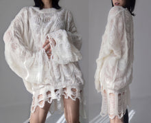 Load image into Gallery viewer, White net destroyed baggy goth gothic emo cream flare oversize fluff puffy sleeve sweater dress shag halloween hippie hipster boho mod
