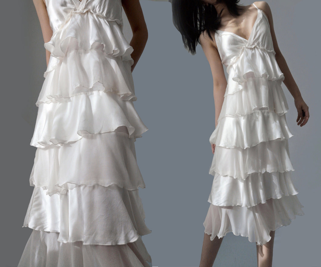 Vintage Silk Bridal White Layering Cake FLowy Dress
