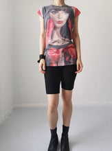 Load image into Gallery viewer, women face print red black rock punk destroyed digital print cotton long tee short sleeve top casual  grunge alternative
