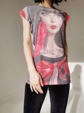 Load image into Gallery viewer, women face print red black rock punk destroyed digital print cotton long tee short sleeve top casual  grunge alternative
