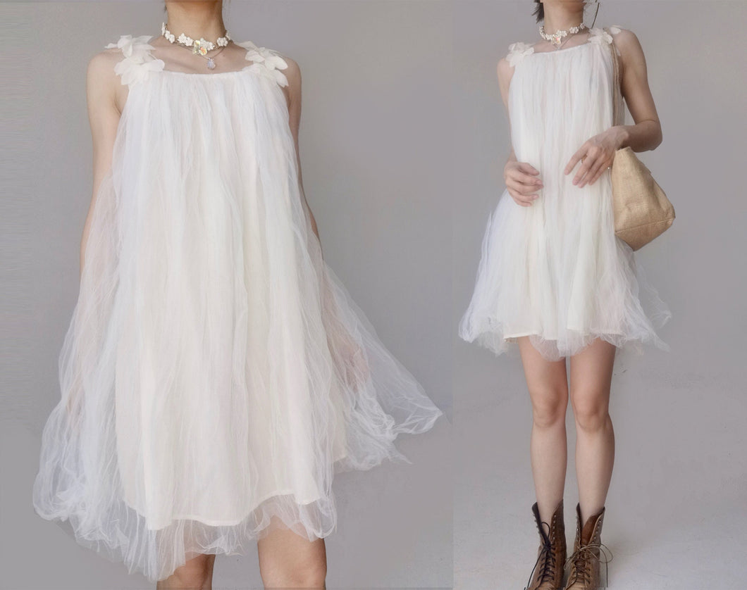 White layering cake veil floral flower embroidered strap swing sheer tulle tunic dress fairy baby jane dreamy princess