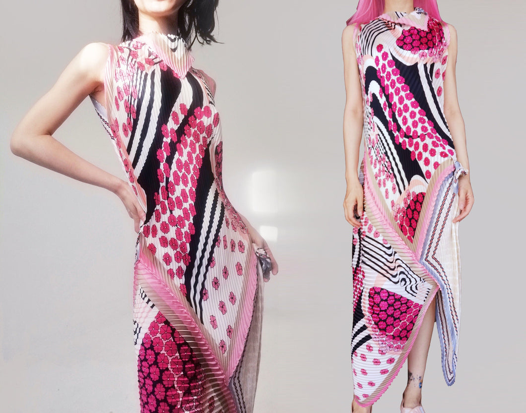 Vintage Fuchsia  Silk Patched Futuristic Dress